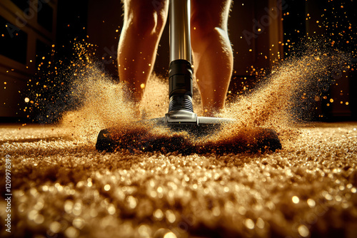 Vacuum cleaner in action on carpet with flying dust particles