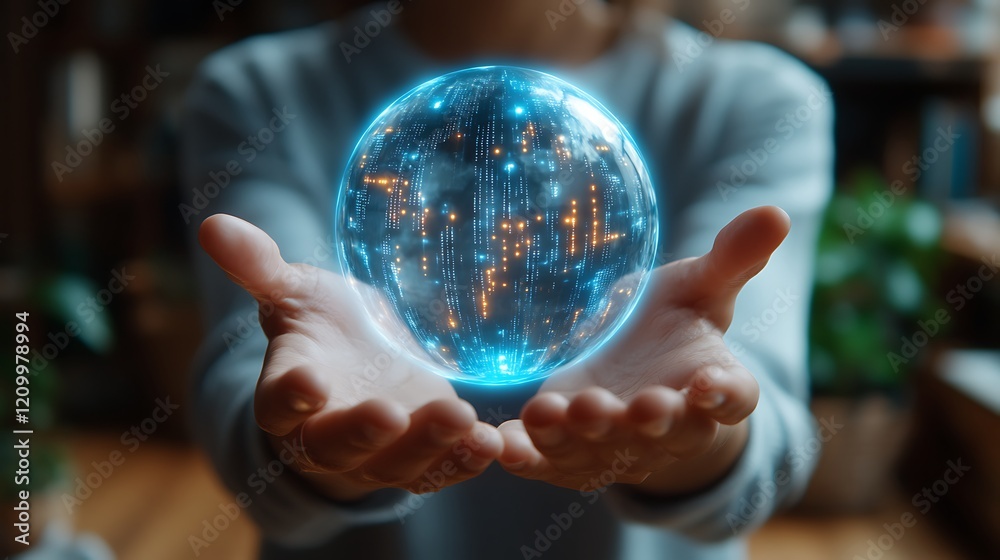 Fototapeta premium Envisioning the Future: A pair of hands gently cradles a luminous blue orb, radiating an ethereal glow, symbolizing innovation, technology, and the boundless potential of tomorrow.