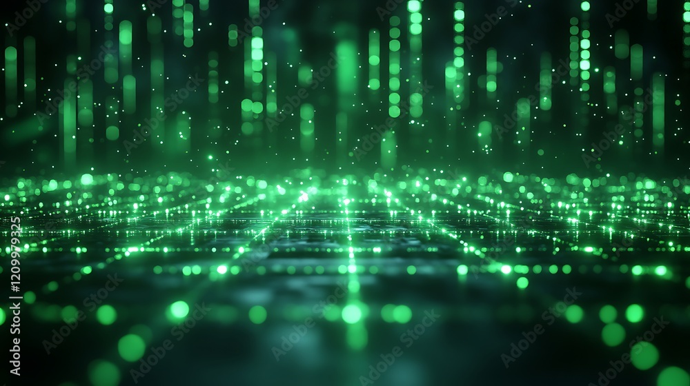 Digital Rain: An ethereal digital rain of glowing green particles falls in a mesmerizing cascade, creating a futuristic and abstract backdrop. The particles seem to shimmer and dance. Digital Rain: An ethereal digital rain of glowing green particles falls in a mesmerizing cascade, creating a futuristic and abstract backdrop. The particles seem to shimmer and dance.