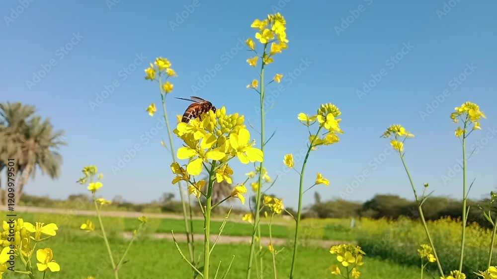 Honey Bee collect nectar or pollen from the flower of brassica campestris or field mustard Honey Bee collect nectar or pollen from the flower of brassica campestris or field mustard