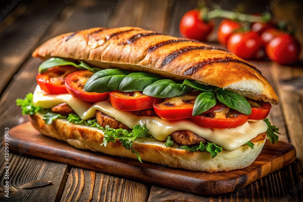 A close-up of a delicious grilled chicken mozzarella melt on artisan bread. Perfect for lunch or dinner. Summertime treat. A close-up of a delicious grilled chicken mozzarella melt on artisan bread. Perfect for lunch or dinner. Summertime treat.
