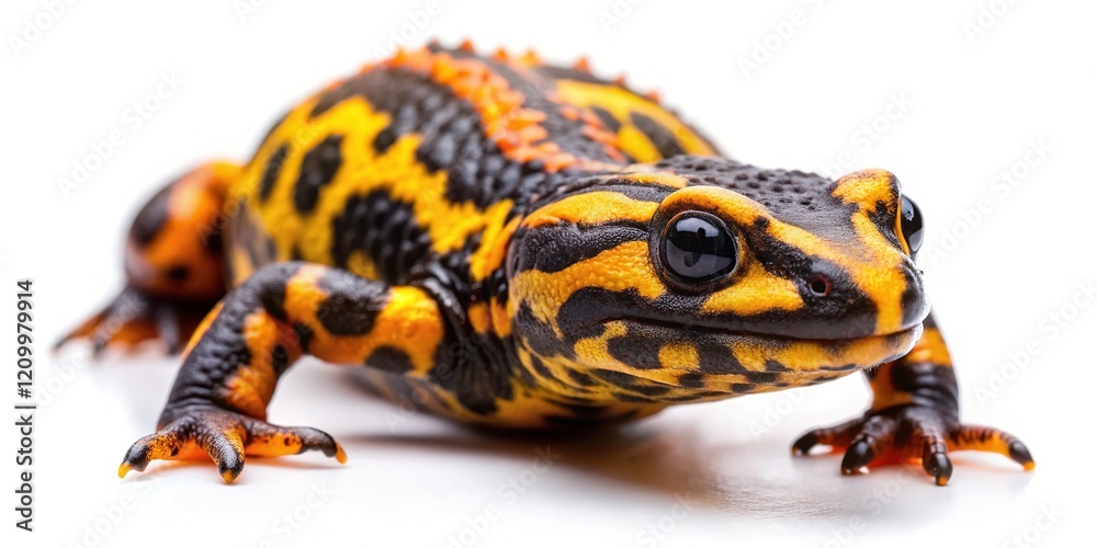 Obraz premium A marbled newt, Triturus marmoratus, isolated, in a close-up portrait. AI art.
