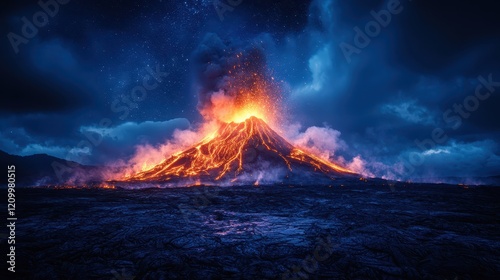 A dramatic volcanic eruption lights up the night sky, casting a fiery glow as molten lava flows and explosive ash clouds surge over the rugged landscape of an active volcano