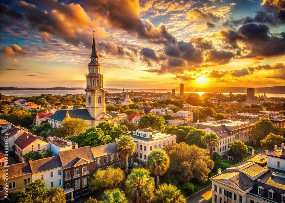 Naklejka premium Aerial view of the Charleston, SC skyline, rich in history and beauty.