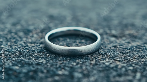 A close-up shot of a simple, brushed silver wedding band resting on a dark, textured surface.