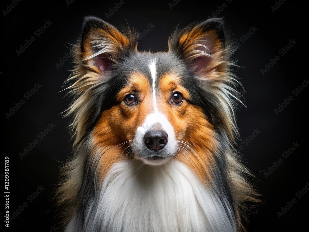 Fototapeta premium Black background highlights Sheltie's fur. Food-photography style portrait.
