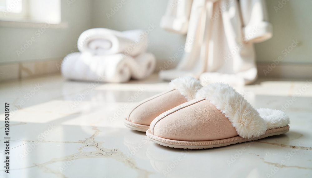Fluffy slippers on marble floor with towels and bathrobe Fluffy slippers on marble floor with towels and bathrobe