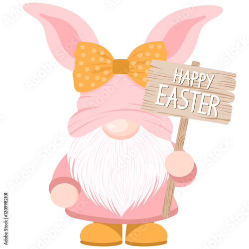 Adorable Easter gnome holding a festive sign, perfect for celebrating the holiday with cheerful vibes. Ideal for seasonal decorations, crafts, digital designs, and creative projects.