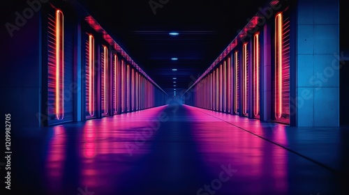 A long hallway with neon lights