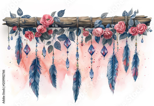 Boho dream catcher adorned with feathers and flowers hanging against a soft background