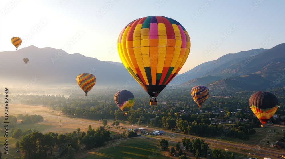 Fototapeta premium Breathtaking Hot Air Balloon Adventure Over Majestic Mountain Landscape at Picturesque Sunrise