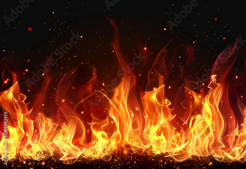 Vibrant flames create an intense atmosphere in a dark backdrop