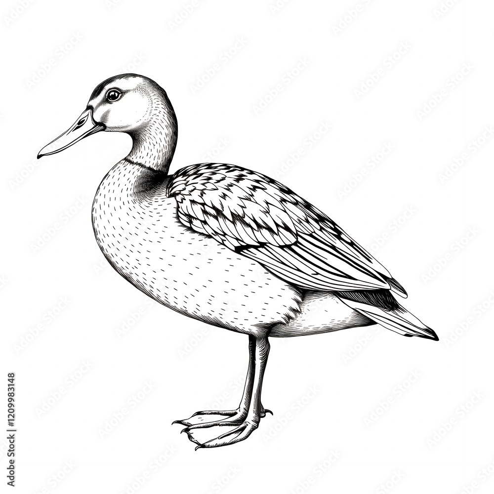 Obraz premium Detailed Ink Drawing of a Domestic Duck Poultry Bird Illustration Farm Animal Black and White