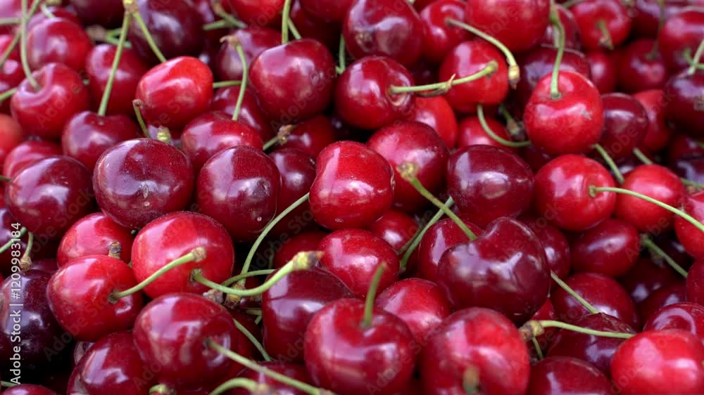 Crates of red cherries at the market. Fresh harvest. Closeup of freshly harvested cherry in plastic boxes on plantation on summer day. Crates of red cherries at the market. Fresh harvest. Closeup of freshly harvested cherry in plastic boxes on plantation on summer day.
