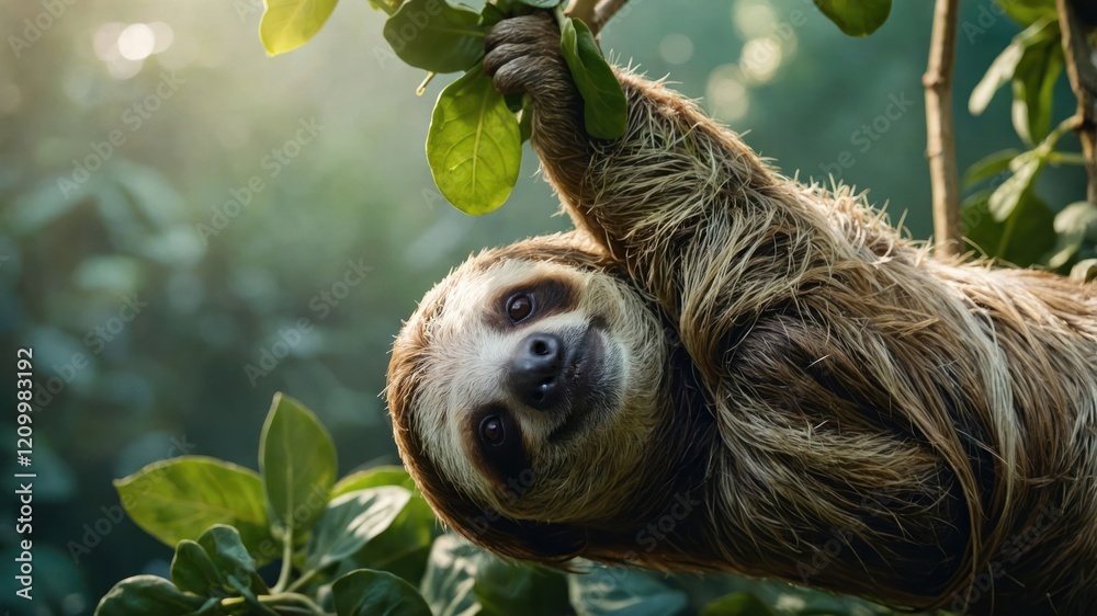 Fototapeta premium A sloth hanging from a branch, surrounded by lush green leaves in a tranquil setting.