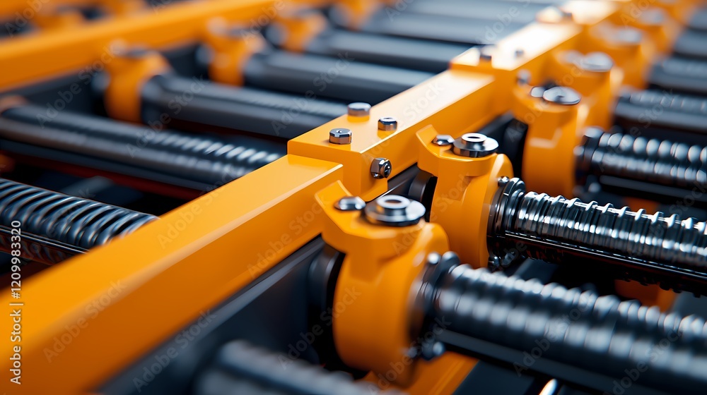 A close-up view of a mechanical assembly featuring metallic rods and orange connectors, highlighting industrial design and engineering precision. A close-up view of a mechanical assembly featuring metallic rods and orange connectors, highlighting industrial design and engineering precision.