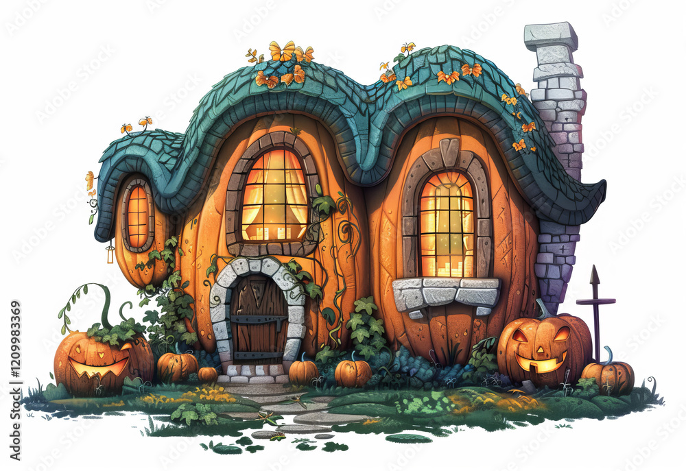 Obraz premium Enchanting pumpkin house in a whimsical fantasy setting during autumn