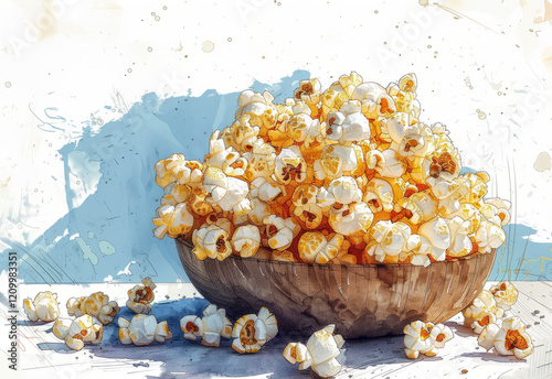 Colorful popcorn watercolor painting with a rustic bowl and scattered kernels