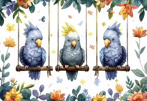 Colorful parrot watercolor artwork featuring playful birds swinging in a floral setting