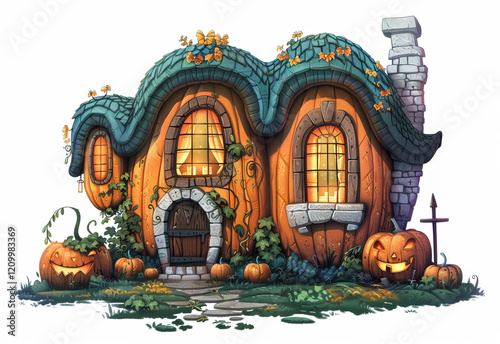 Enchanting pumpkin house in a whimsical fantasy setting during autumn