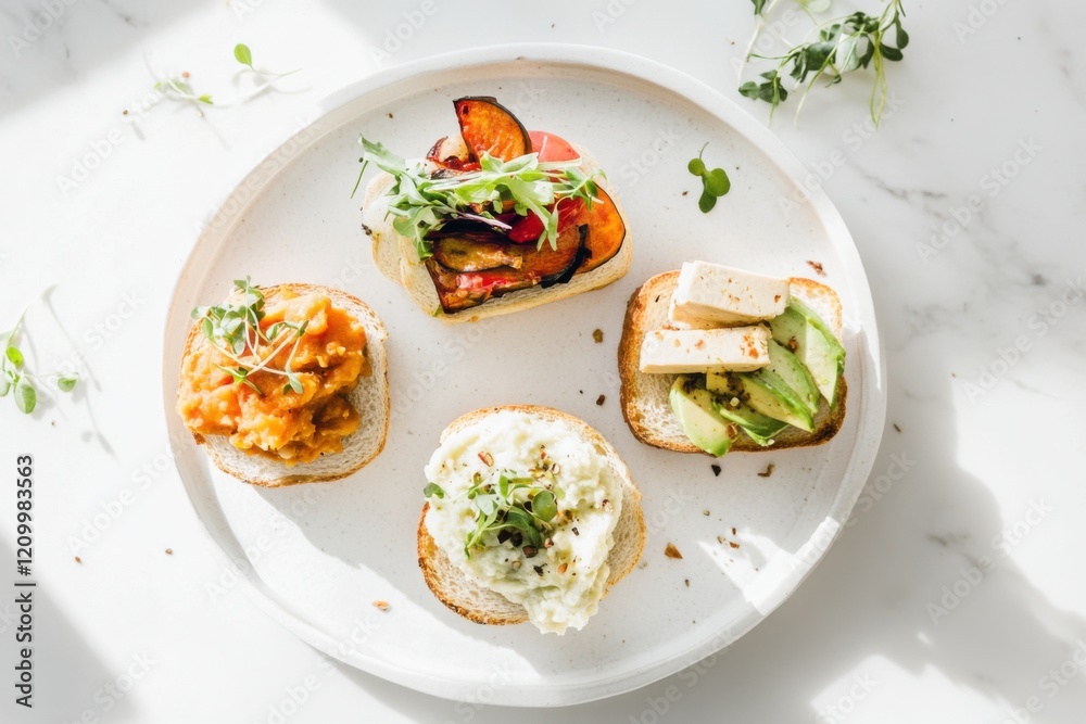 Mini sandwiches featuring chickpea, turkey, tofu, and fresh toppings on a plate Mini sandwiches featuring chickpea, turkey, tofu, and fresh toppings on a plate