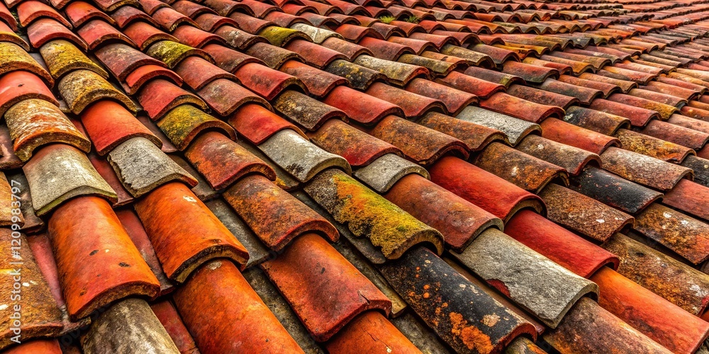 Fototapeta premium Detailed view of a medieval structure's aged red roof tiles.
