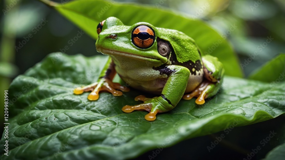 Obraz premium A vibrant green frog resting on a leaf in a lush environment.