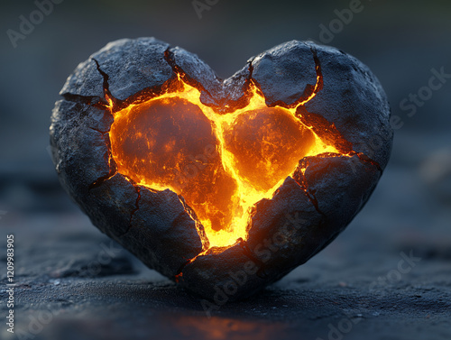 Shattered stone heart with inner fire, symbolizing broken heart or passionate but tormented love.	 photo