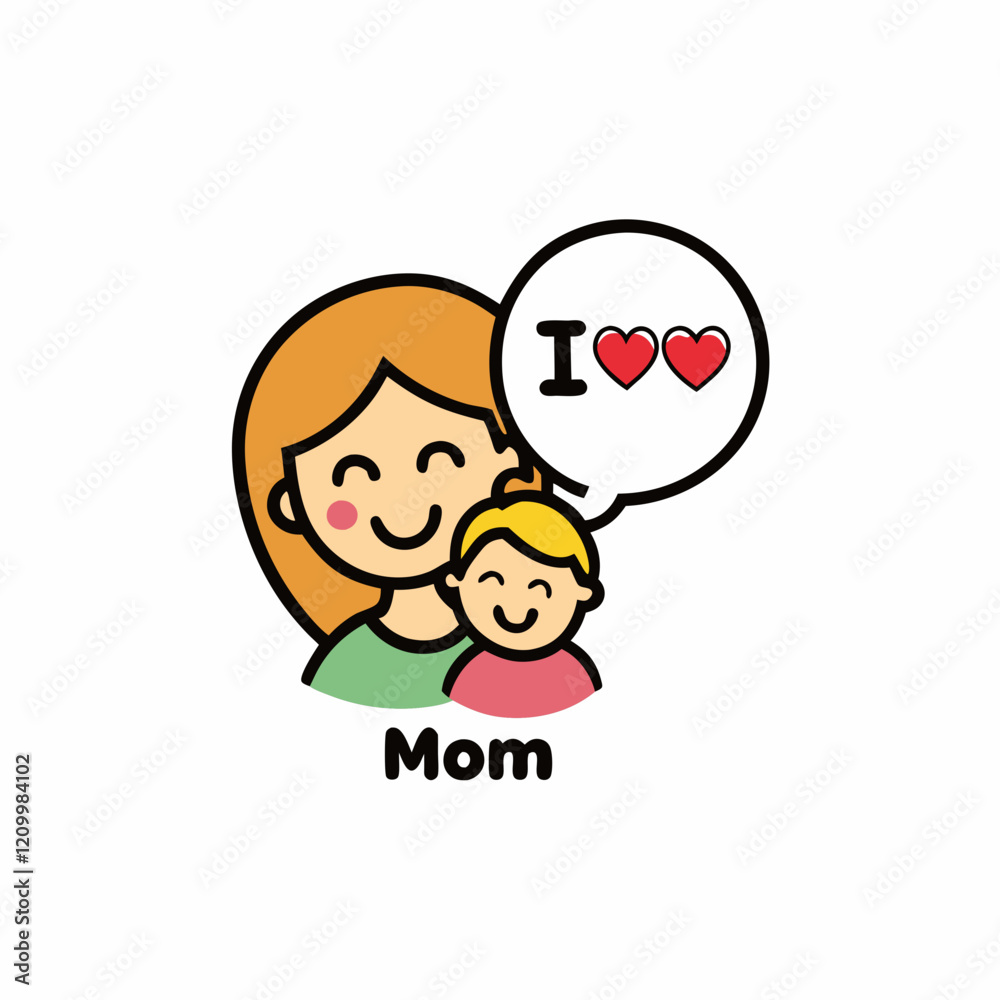 STICKER DESIGN Of an illustration of a smiling mom and child surrounded by hearts STICKER DESIGN Of an illustration of a smiling mom and child surrounded by hearts