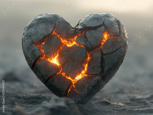 Shattered stone heart with inner fire, symbolizing broken heart or passionate but tormented love.	 photo