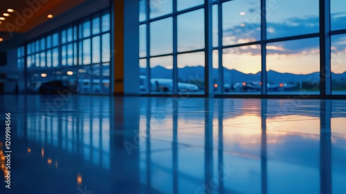 A large window with a view of mountains and a sunset