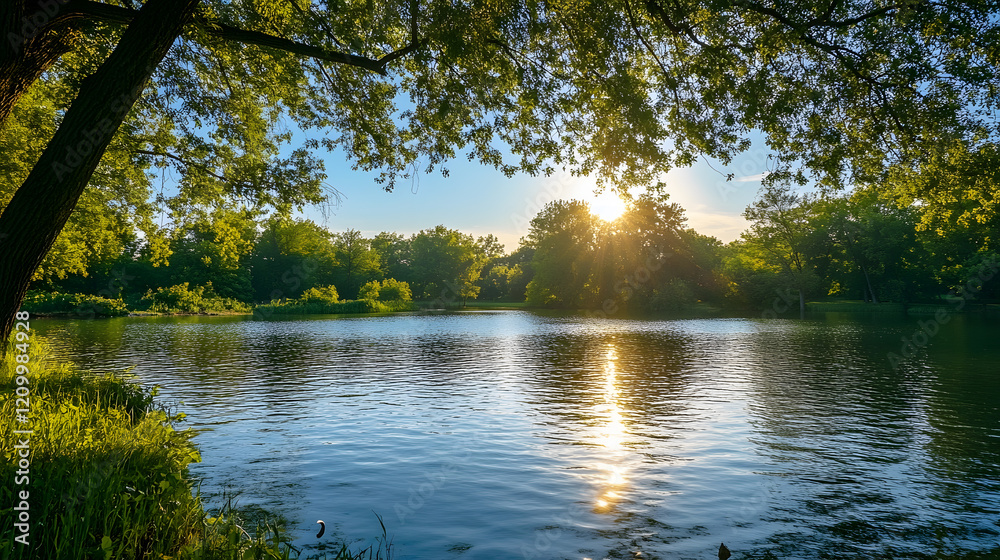 Fototapeta premium Peaceful Lakeside Scenery with Sunlight Streaming Through Trees : Generative AI