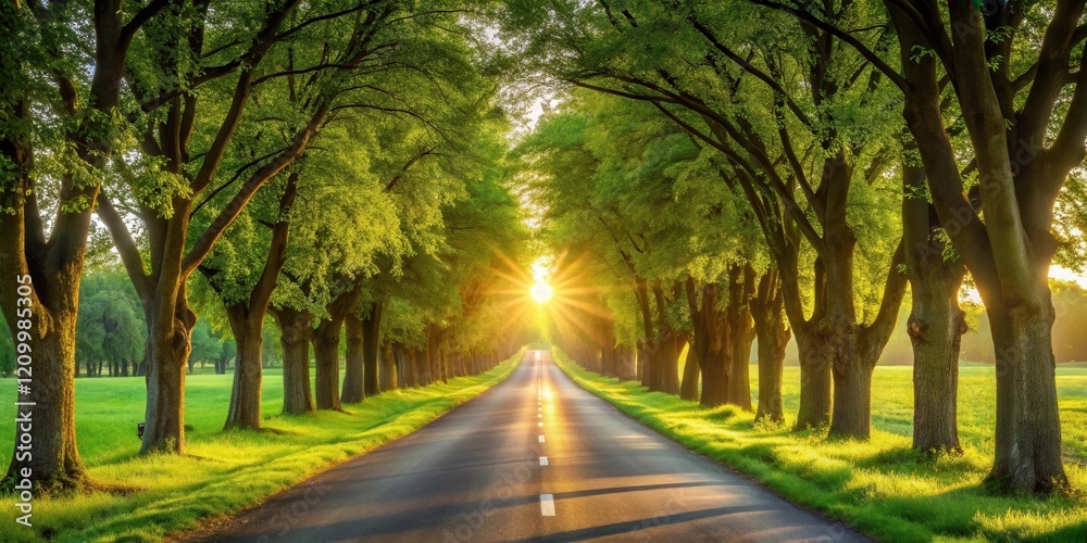 Fototapeta premium Asphalt road lined with lush green trees at sunrise
