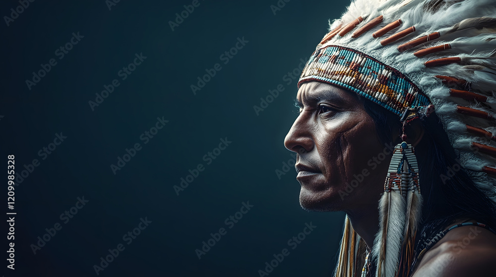 Fototapeta premium Portrait of a man wearing a traditional Native American headdress in profile : Generative AI