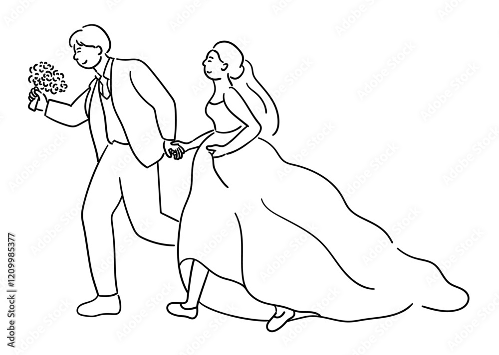 Fototapeta premium The bride and groom are holding hands and running, a joyful couple on their wedding day vector