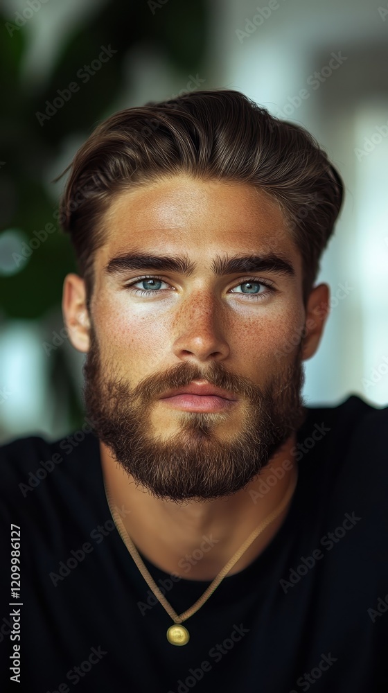 Close-up portrait of a young man with blue eyes, a thick beard, and a gold necklace, conveying a thoughtful expression. Close-up portrait of a young man with blue eyes, a thick beard, and a gold necklace, conveying a thoughtful expression.