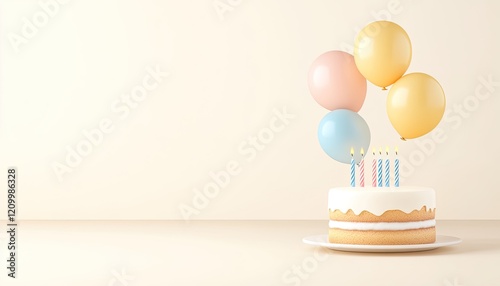 A beautifully decorated birthday cake with colorful balloons, candles, and a soft background photo