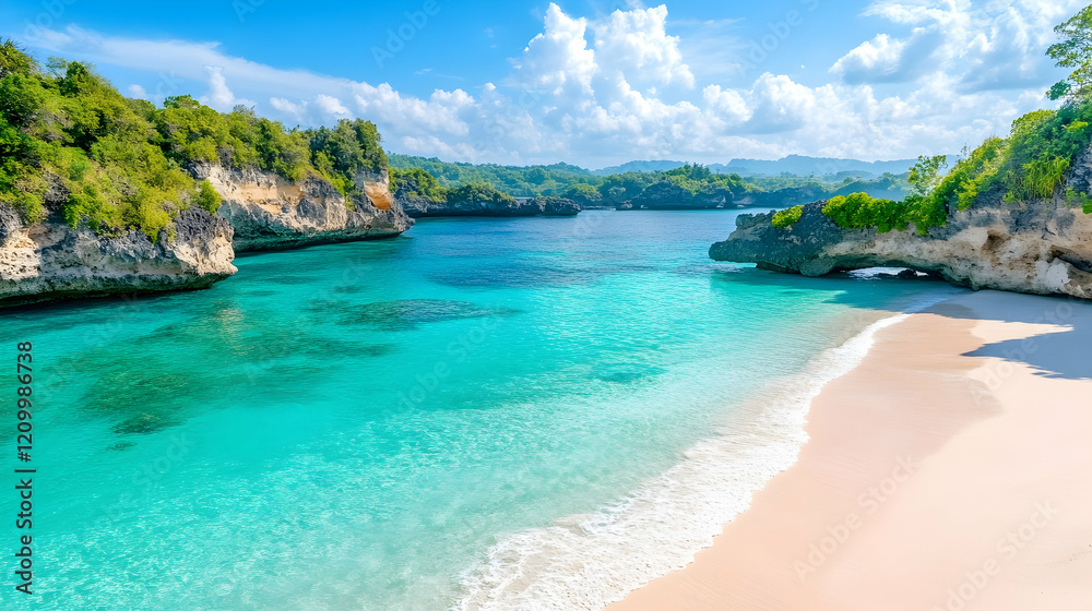 Fototapeta premium Rocky coast of Nusa Penida. Wonderful view of the blue tropical sea and white sands in Bali, Indonesia. Walking through paradise.