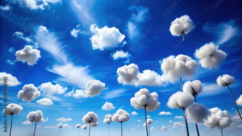 A brilliant blue sky with delicate white clouds that resemble cotton balls, floating gently across the sky, creating a sense of stillness and calmness, tranquility, nature A brilliant blue sky with delicate white clouds that resemble cotton balls, floating gently across the sky, creating a sense of stillness and calmness, tranquility, nature