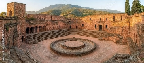 Ancient stone amphitheater, mountain backdrop, sunrise photo