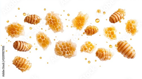 Wallpaper Mural Fresh Honeycomb Pieces and Dripping Honey on White Background Torontodigital.ca