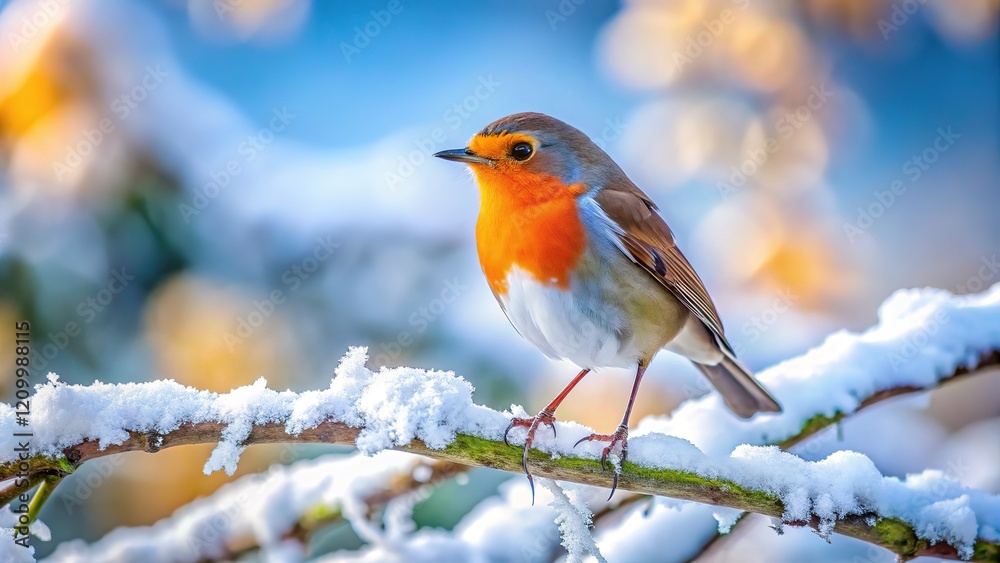 Robin perched; snow-dusted scene, high detail, winter's beauty. Robin perched; snow-dusted scene, high detail, winter's beauty.