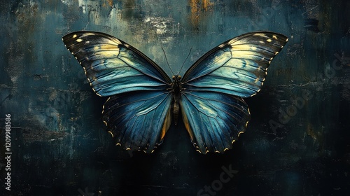 Blue Morpho butterfly wings spread on textured dark background, nature photography, wall art photo