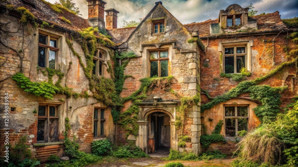 Fototapeta premium Overgrown Stone Mansion, Weathered Brickwork, Ivy Covered Walls, Antique Windows and Door