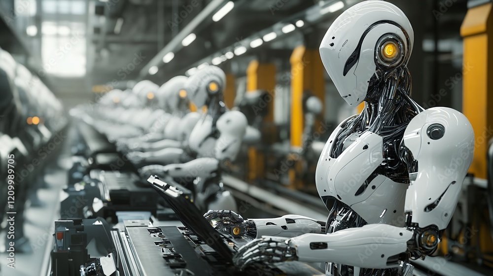 Fototapeta premium Robots Working on Assembly Line in Factory Automation