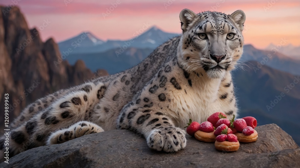 Fototapeta premium A snow leopard lounges on a rock beside a plate of donuts and strawberries against a scenic backdrop.