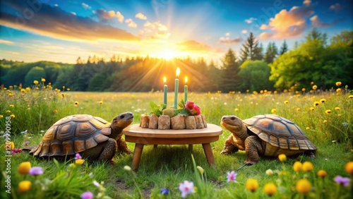 Sunset Celebration Two Tortoises Gather for a Festive Birthday Cake in a Blooming Meadow