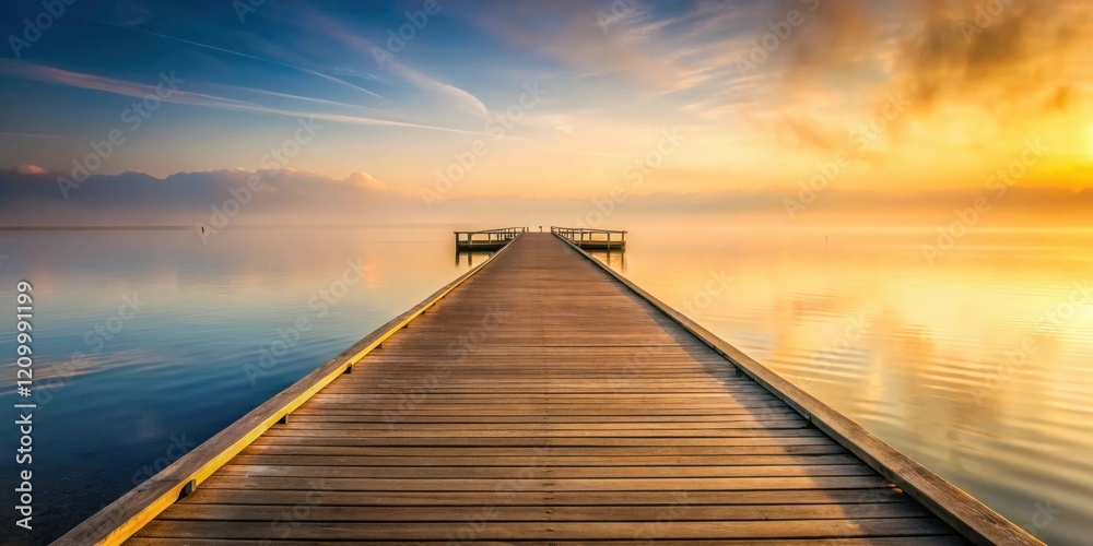 Fototapeta premium Serene sunrise over calm water with wooden pier extending into the mist
