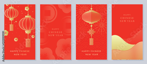 Chinese New Year 2025 hongbao red envelope design vector. Collection of Chinese festival with lantern, flower, cloud, pattern. Elegant oriental illustration for angpao, cover, website, calendar, ads.