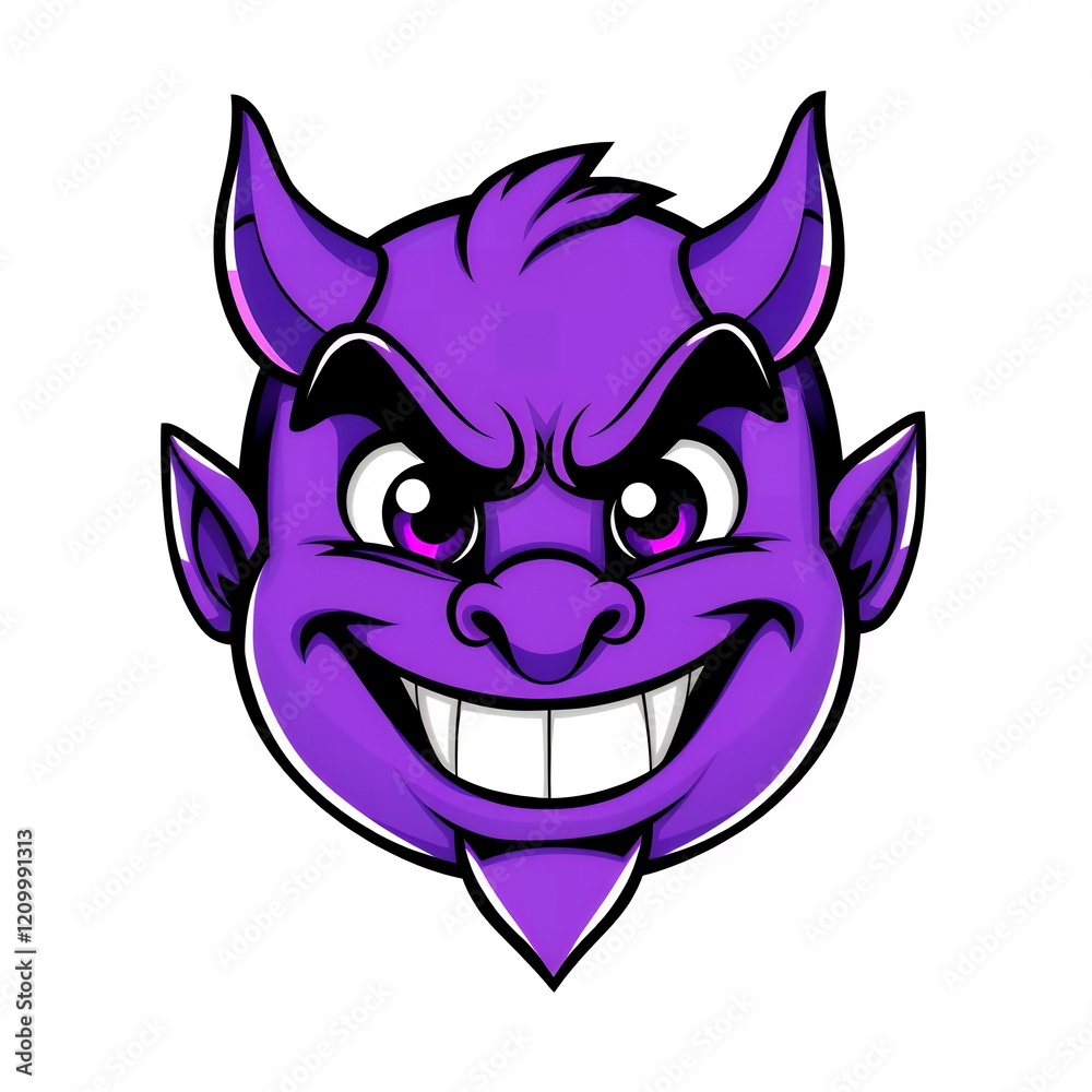 Mischievous Purple Devil Cartoon Mascot Head Grinning Impish Face Illustration Mischievous Purple Devil Cartoon Mascot Head Grinning Impish Face Illustration